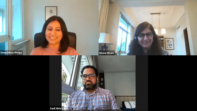 Deepshikha Monga, Editor, DealStreetAsia (upper left) in conversation with Hemal Mirani, Managing Director, HarbourVest Partners (upper right) and Sunil Mishra, Partner, Primary Investments, Adams Street Partners.