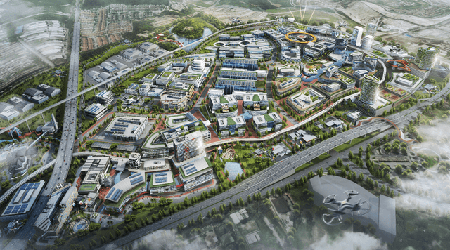 An artist’s impression of an aerial view of the Living Lab precinct in MRANTI Park